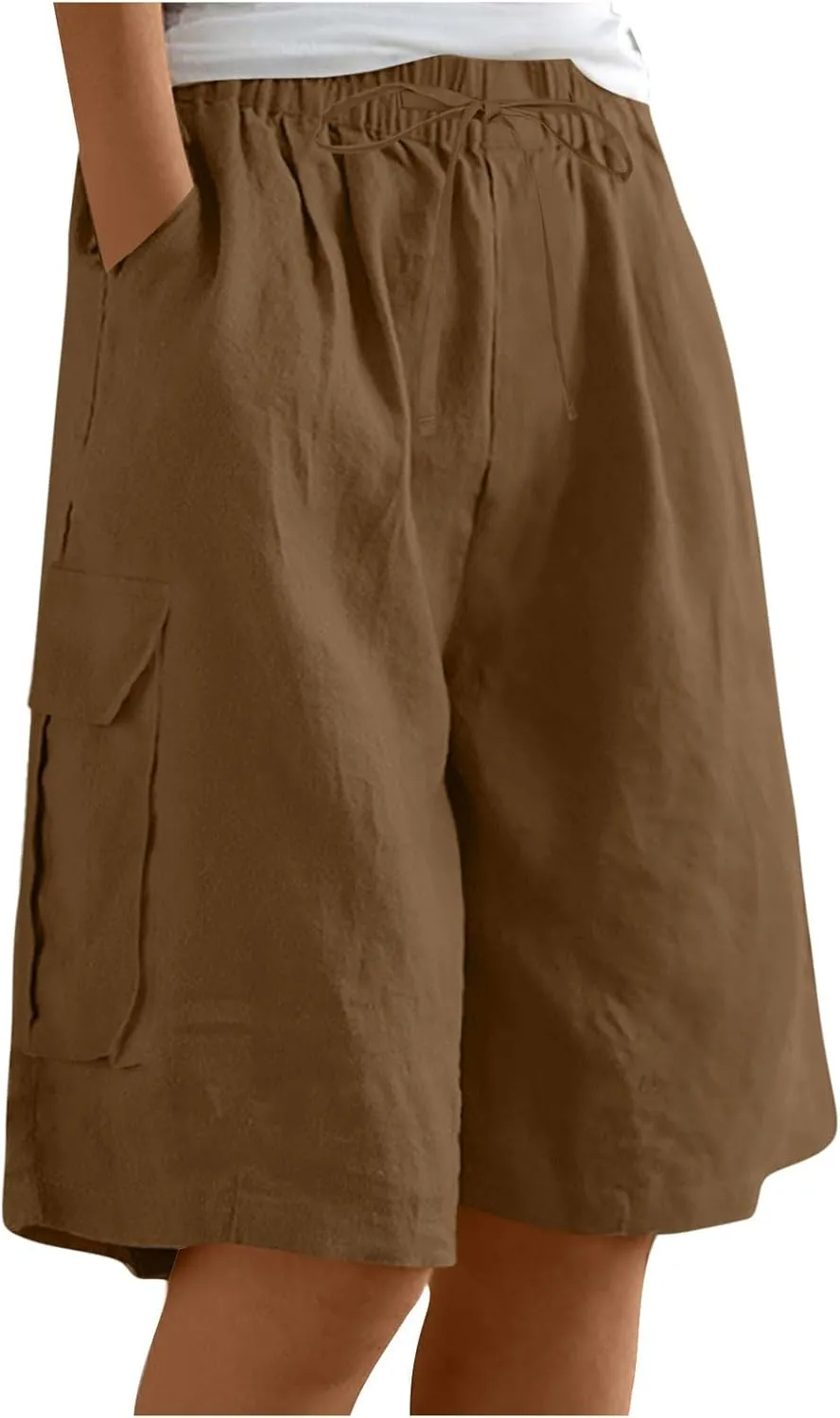 Women's Cargo Bermuda Shorts 2025 Summer Linen Wide Leg Pants Elastic Waisted Casual Baggy Beach Shorts with Pockets