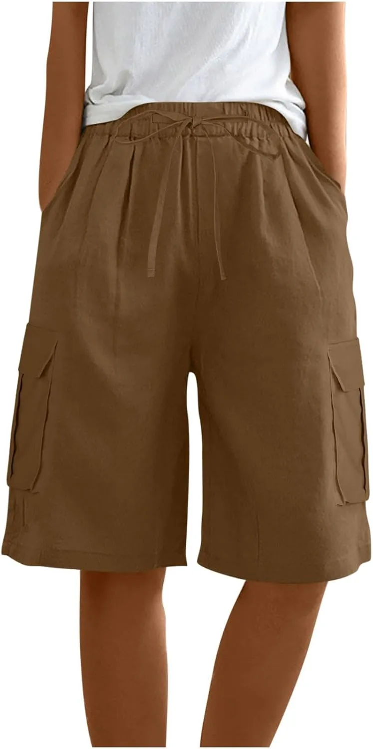 Women's Cargo Bermuda Shorts 2025 Summer Linen Wide Leg Pants Elastic Waisted Casual Baggy Beach Shorts with Pockets