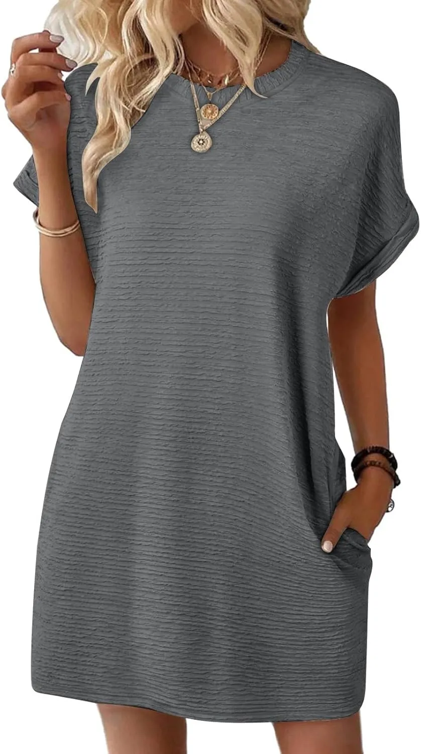 Women's Casual Dresses Loose Short Sleeve Crewneck Sundress Fashion Solid Color Vacation Beach Dress with Pocket