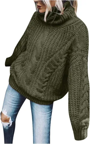 Womens Casual Long Sleeve Turtleneck Sweaters Knit Cable Chunky Pullover Oversized Sweaters Fashion Fall Outfits 2023