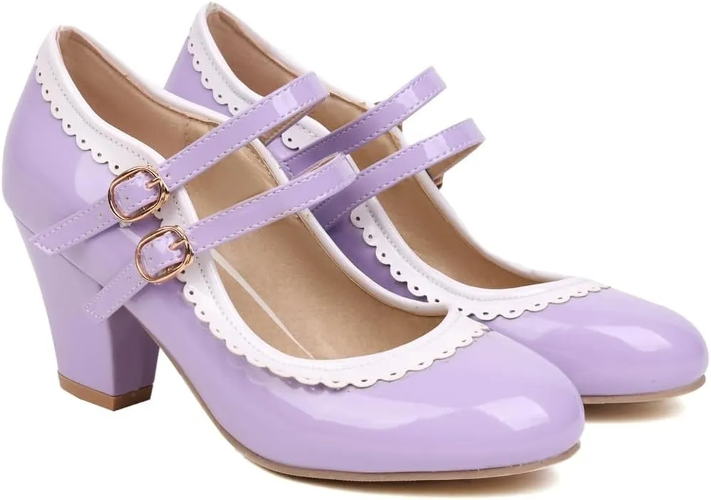 Women's Chunky Block High Heels Mary Jane Pumps Shoes Round Toe Two Toned Wedding Party Dress Shoes