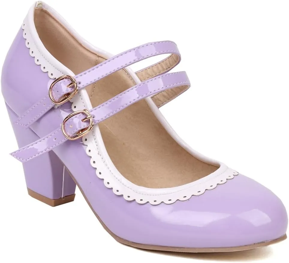 Women's Chunky Block High Heels Mary Jane Pumps Shoes Round Toe Two Toned Wedding Party Dress Shoes