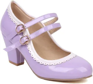 Women's Chunky Block High Heels Mary Jane Pumps Shoes Round Toe Two Toned Wedding Party Dress Shoes