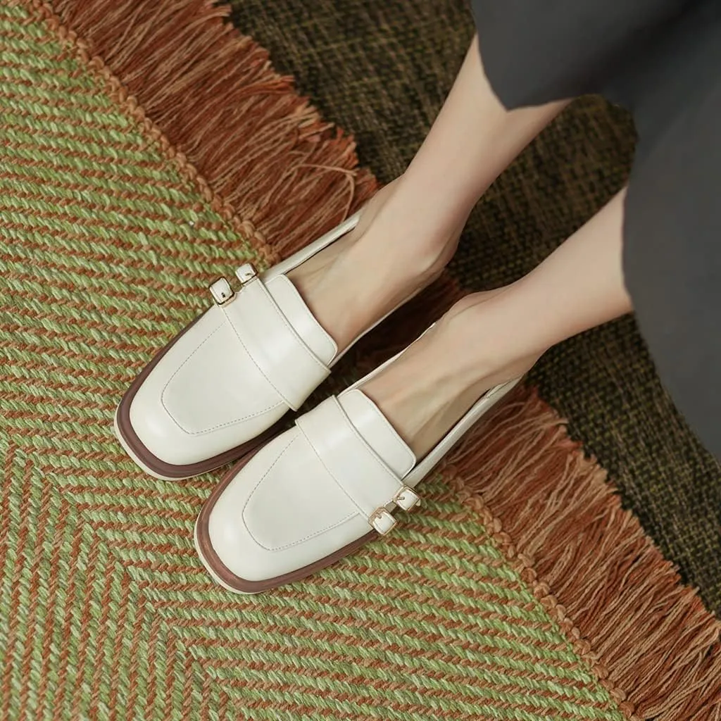 Women's Classic Buckle Slip On Penny Loafers Flats Square Toe Leather Business Dress Oxford Shoes