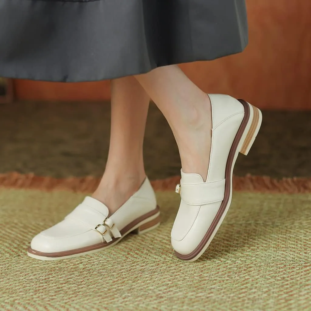 Women's Classic Buckle Slip On Penny Loafers Flats Square Toe Leather Business Dress Oxford Shoes