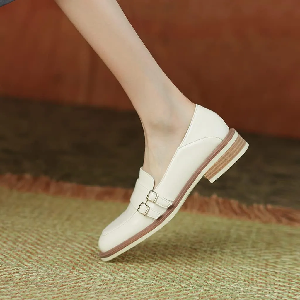 Women's Classic Buckle Slip On Penny Loafers Flats Square Toe Leather Business Dress Oxford Shoes