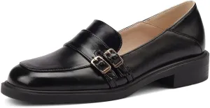 Women's Classic Buckle Slip On Penny Loafers Flats Square Toe Leather Business Dress Oxford Shoes