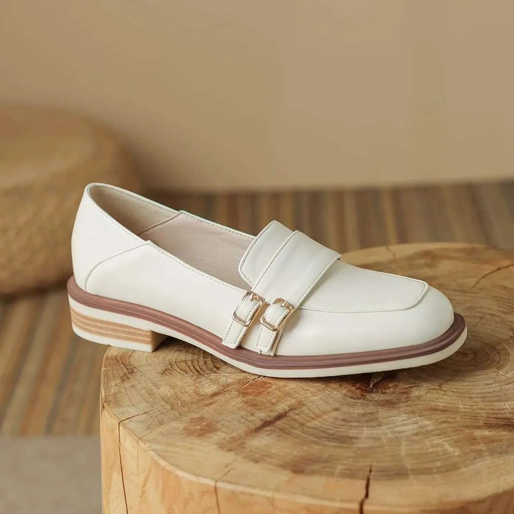 Women's Classic Buckle Slip On Penny Loafers Flats Square Toe Leather Business Dress Oxford Shoes