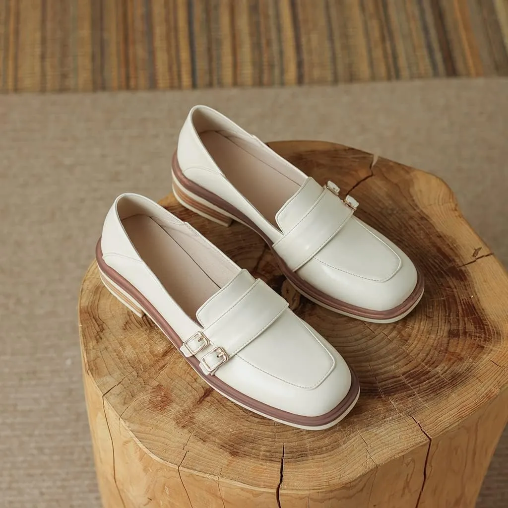 Women's Classic Buckle Slip On Penny Loafers Flats Square Toe Leather Business Dress Oxford Shoes
