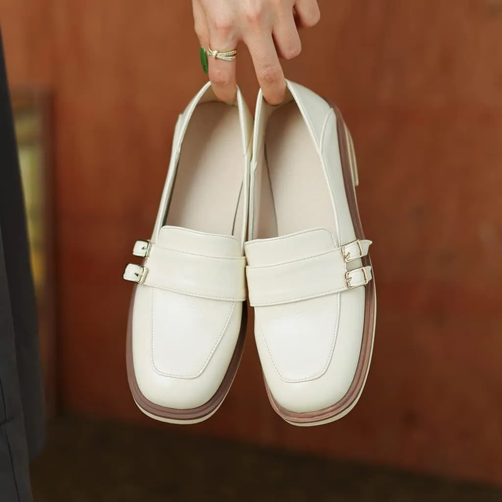 Women's Classic Buckle Slip On Penny Loafers Flats Square Toe Leather Business Dress Oxford Shoes