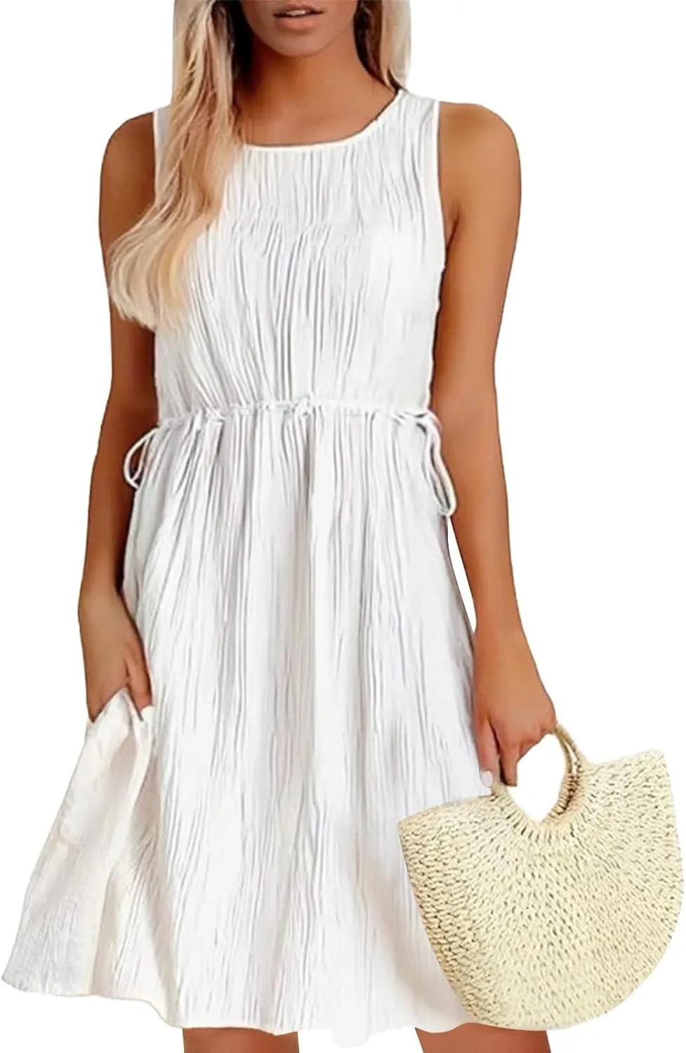 Women's Cotton Linen Midi Dress Plus Size Cap Sleeve Pleated Summer Dresses Vacation 2025 Crew Neck Casual Dress