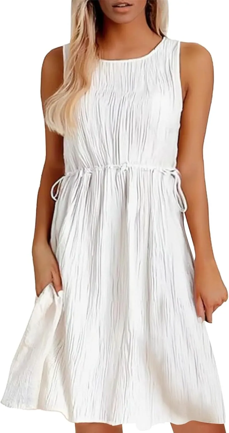 Women's Cotton Linen Midi Dress Plus Size Cap Sleeve Pleated Summer Dresses Vacation 2025 Crew Neck Casual Dress