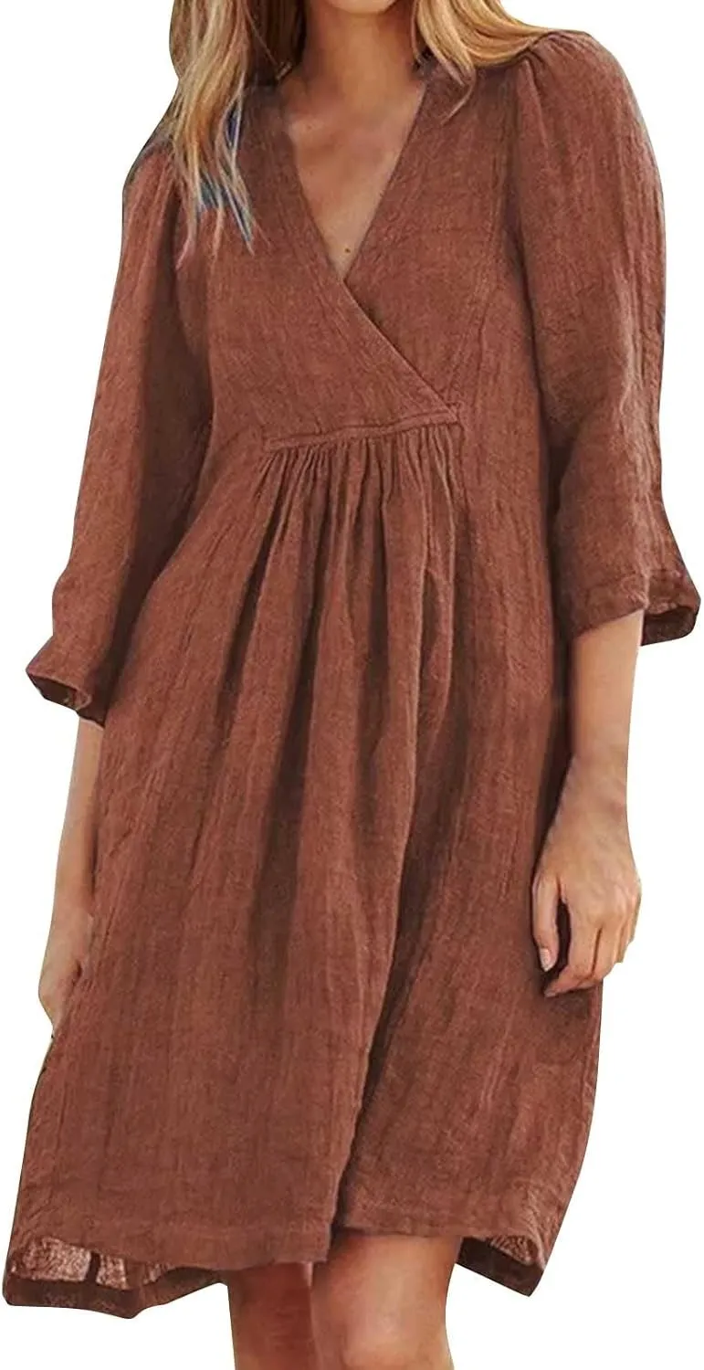 Womens Cotton Linen Midi Dress Summer Solid Color Short Sleeve V-Neck T-Shirt Dresses Plus Size Flowy Beach Dress