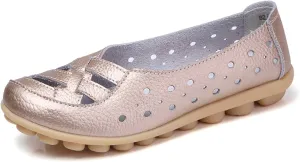 Womens Cowhide Leather Slip On Moccasins Shoes Flat Slipper Comfortable Leather Loafers Breathable Lightweight Round Toe Nurse Loafer Driving Walking Flat Work Shoes