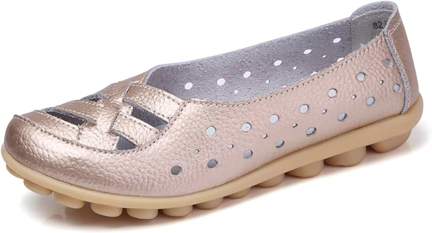 Womens Cowhide Leather Slip On Moccasins Shoes Flat Slipper Comfortable Leather Loafers Breathable Lightweight Round Toe Nurse Loafer Driving Walking Flat Work Shoes