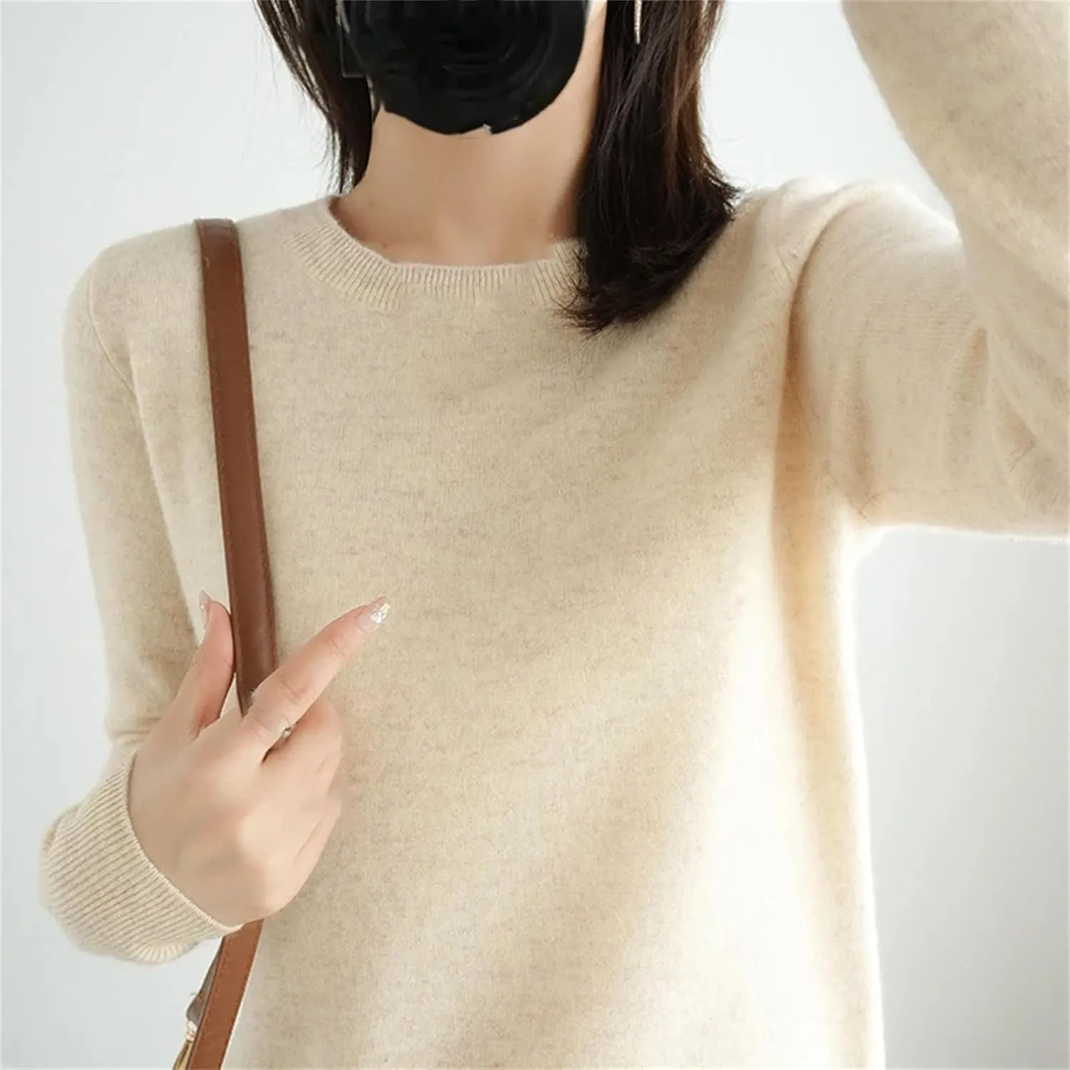 Women's Crew-Neck Knitted Sweaters Winter Warm Chunky Sweaters Solid Color Slim Jumper Tops