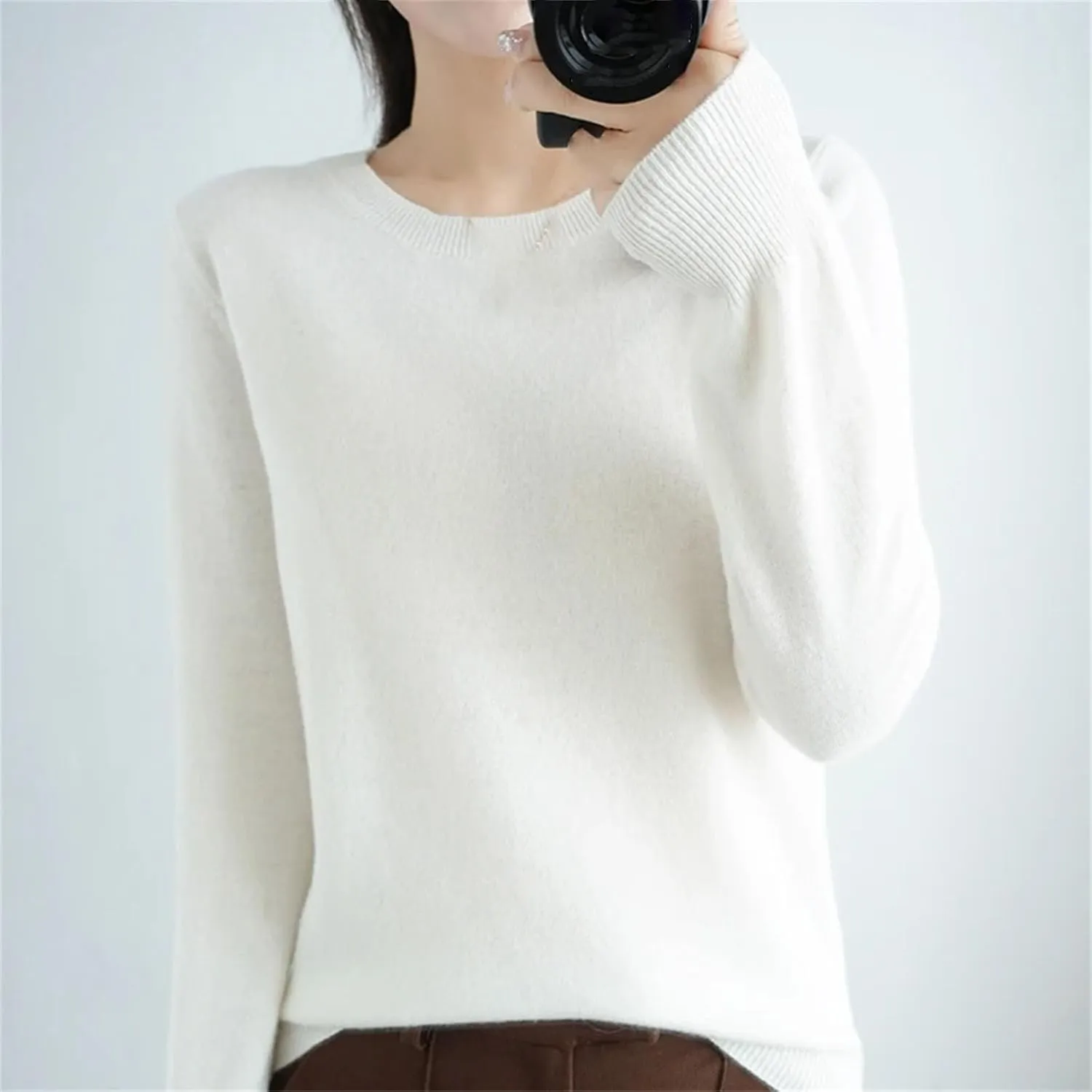 Women's Crew-Neck Knitted Sweaters Winter Warm Chunky Sweaters Solid Color Slim Jumper Tops