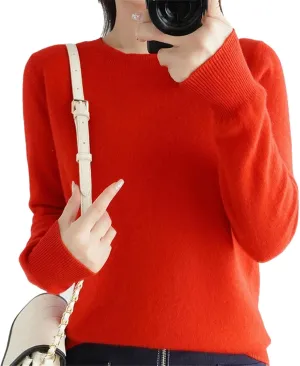 Women's Crew-Neck Knitted Sweaters Winter Warm Chunky Sweaters Solid Color Slim Jumper Tops