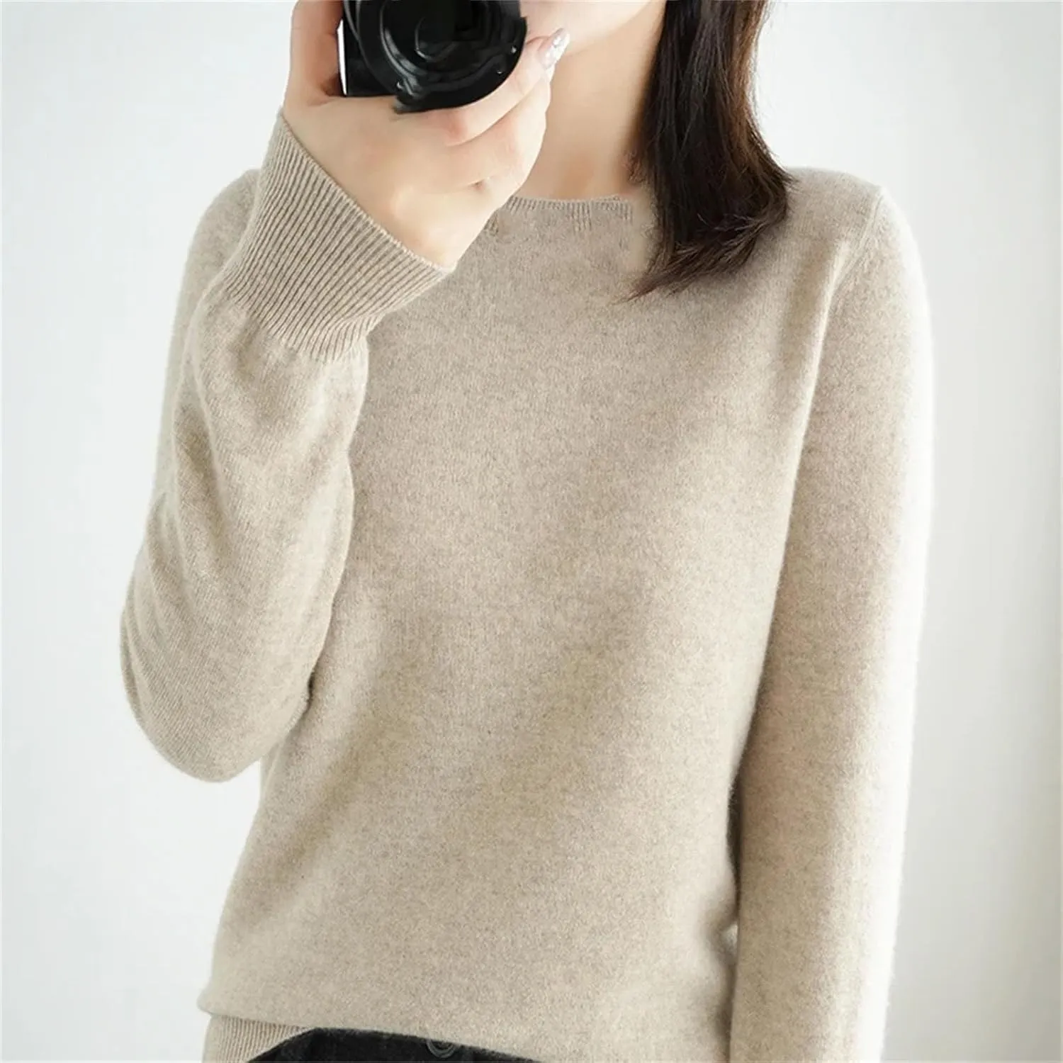 Women's Crew-Neck Knitted Sweaters Winter Warm Chunky Sweaters Solid Color Slim Jumper Tops