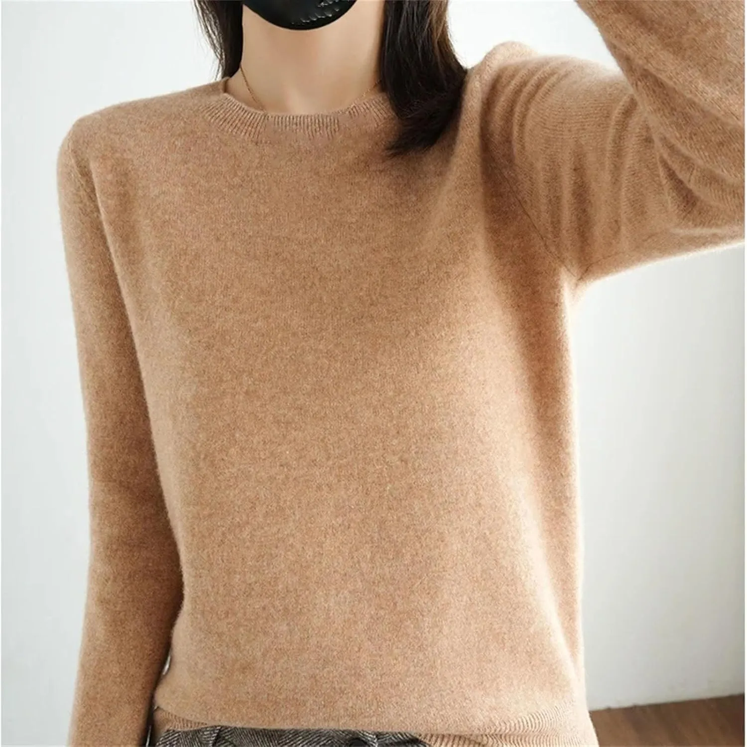 Women's Crew-Neck Knitted Sweaters Winter Warm Chunky Sweaters Solid Color Slim Jumper Tops