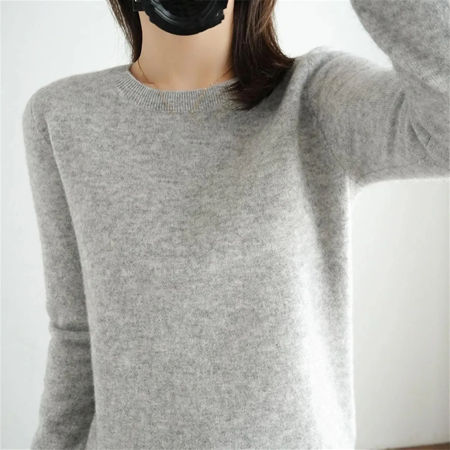 Women's Crew-Neck Knitted Sweaters Winter Warm Chunky Sweaters Solid Color Slim Jumper Tops