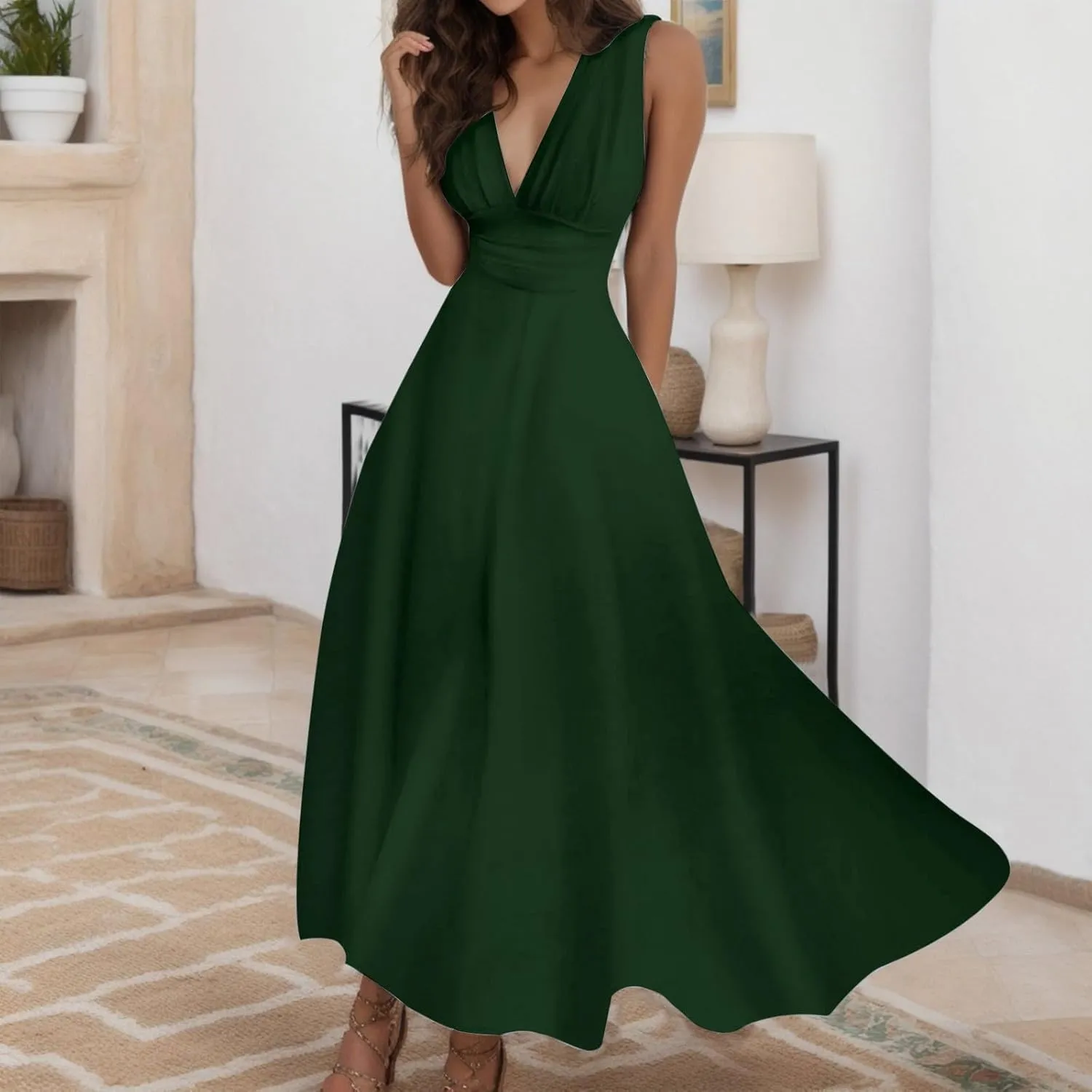 Women's Deep V Neck Prom Dresses Maxi Dress Summer Beach Vacation A Line Formal Evening Gowns Ladies Sundresses
