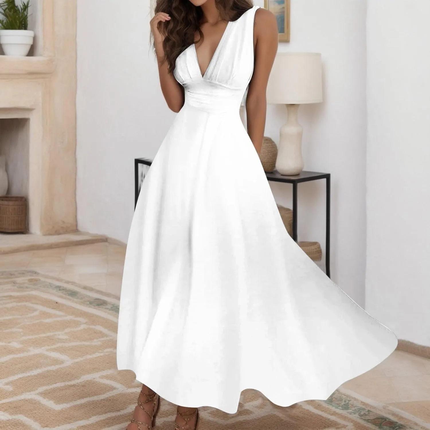 Women's Deep V Neck Prom Dresses Maxi Dress Summer Beach Vacation A Line Formal Evening Gowns Ladies Sundresses