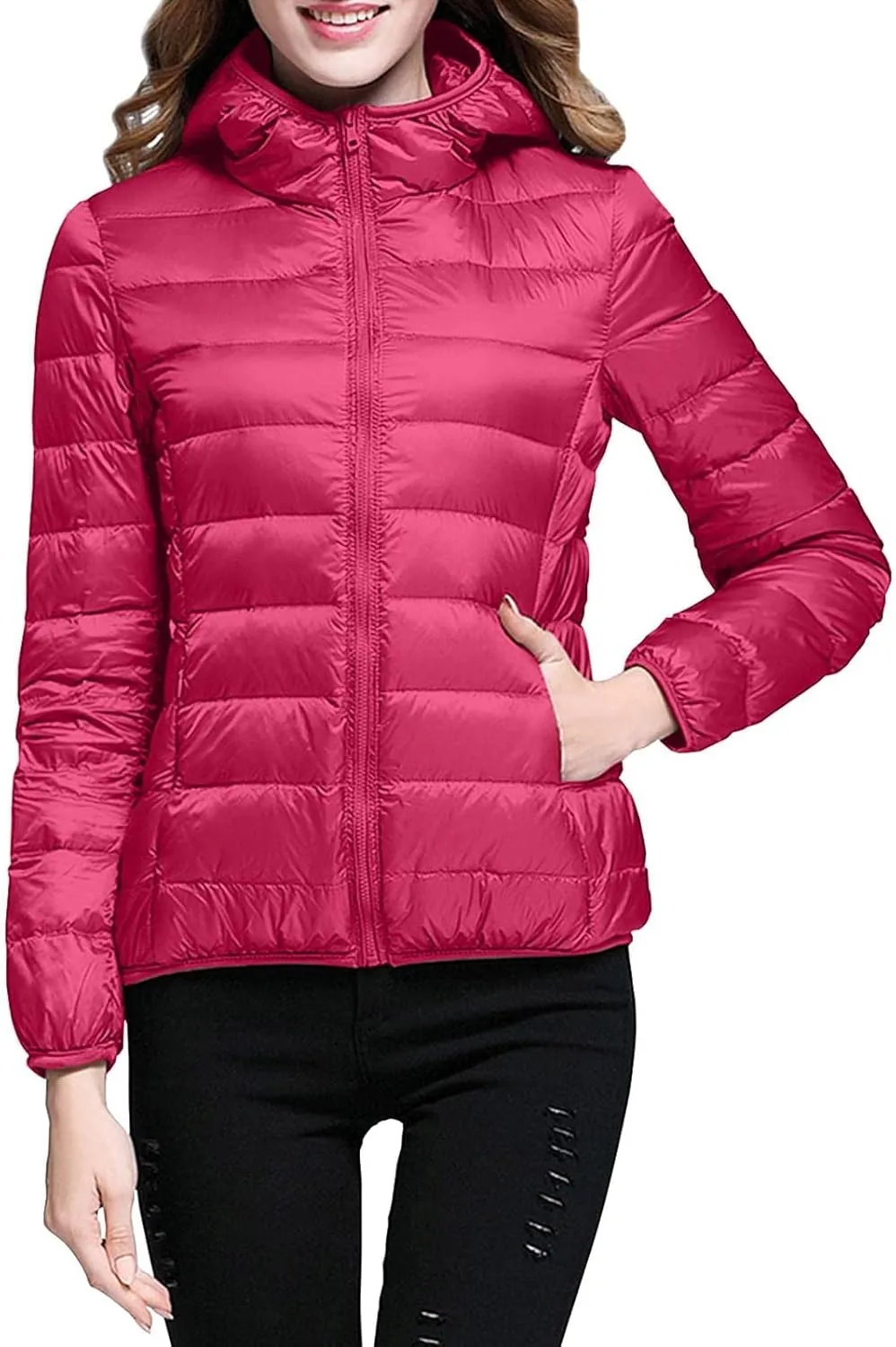 Women's Down Jacket Hooded Windproof Puffer Coat Packable Warm Winter Jacket Lightweight Ladies Parka Dowm Jacket Zipper