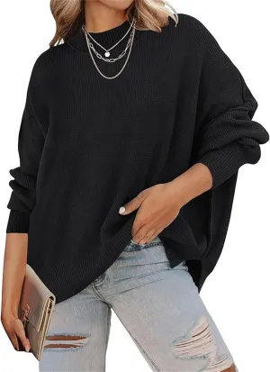 Women's Fall Casual Long Sleeve Sweater Crew Neck Side Slit Oversized Ribbed Knit Pullover Tops