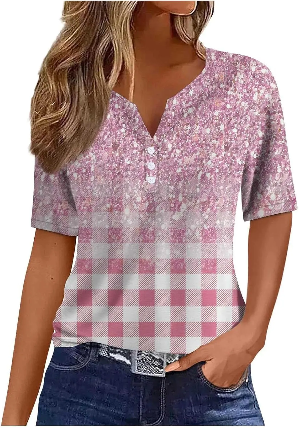 Women's Graphic t Shirts Short Sleeve Henley V Neck Boho Floral Tops Dressy Casual Blouses Trendy 2024 Summer
