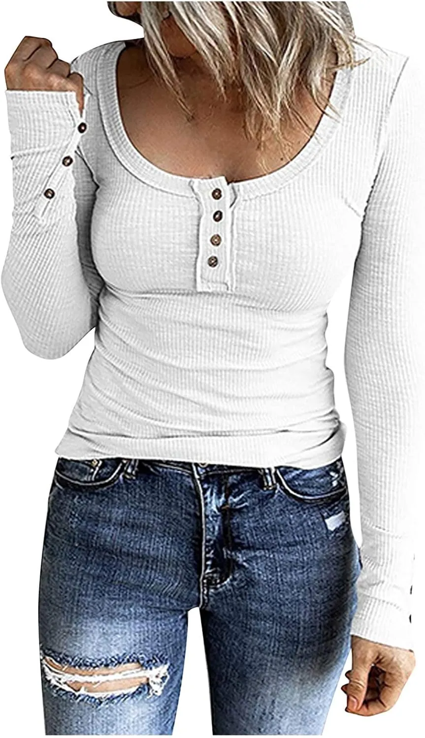 Womens Henley Shirts Long Sleeve Button Down Tunic Tops Scoop Neck Ribbed Knit Slim Fitted Casual Dressy Blouses Cute Tee
