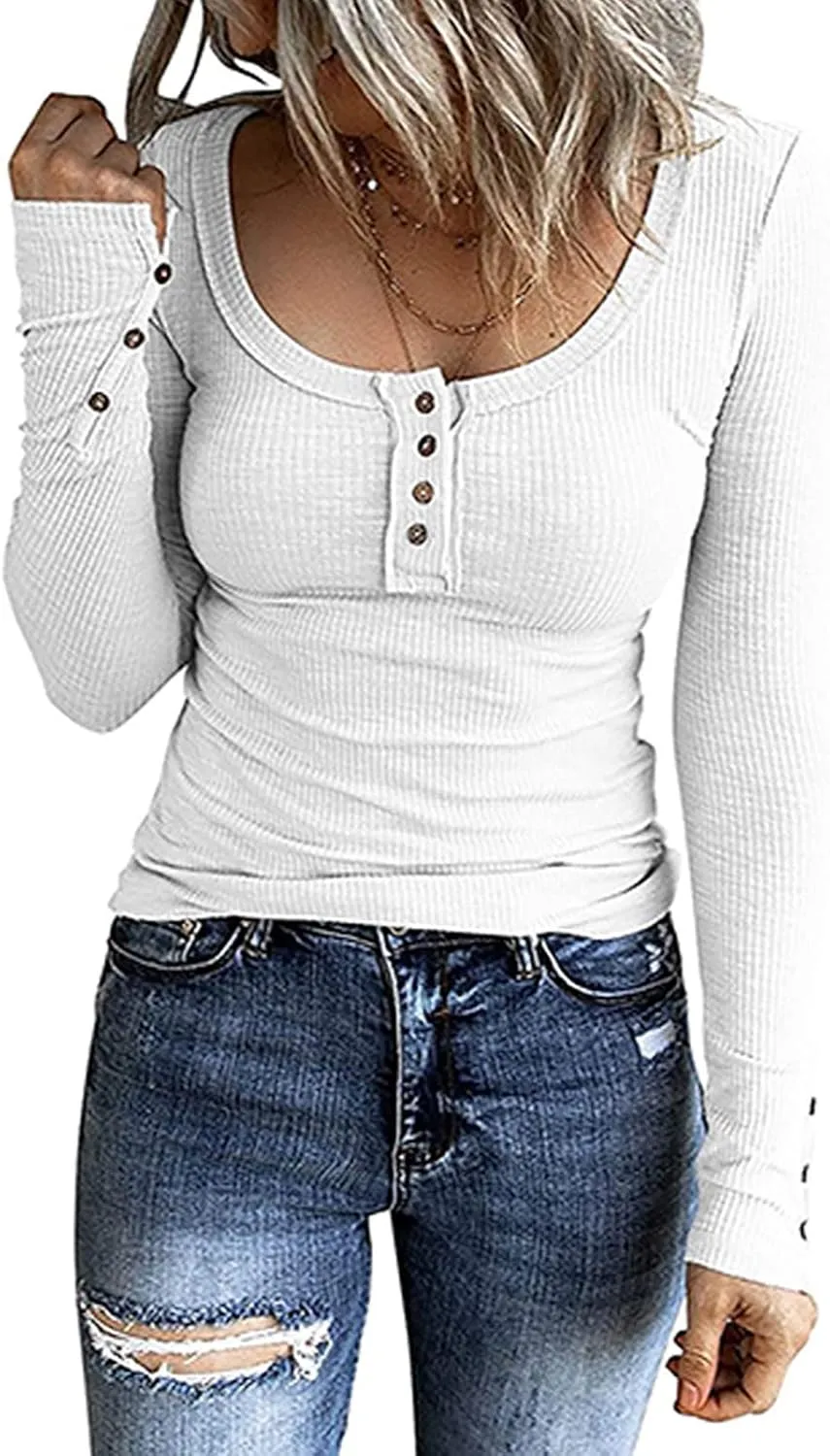 Womens Henley Shirts Long Sleeve Button Down Tunic Tops Scoop Neck Ribbed Knit Slim Fitted Casual Dressy Blouses Cute Tee