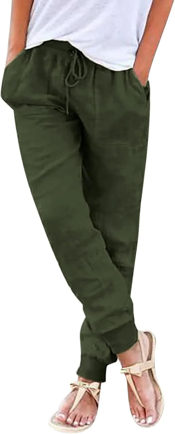 Women's High Waisted Tapered Pants Loose Fit Lightweight Fashion Cotton Linen Pants Summer Comfort Vacation Trousers