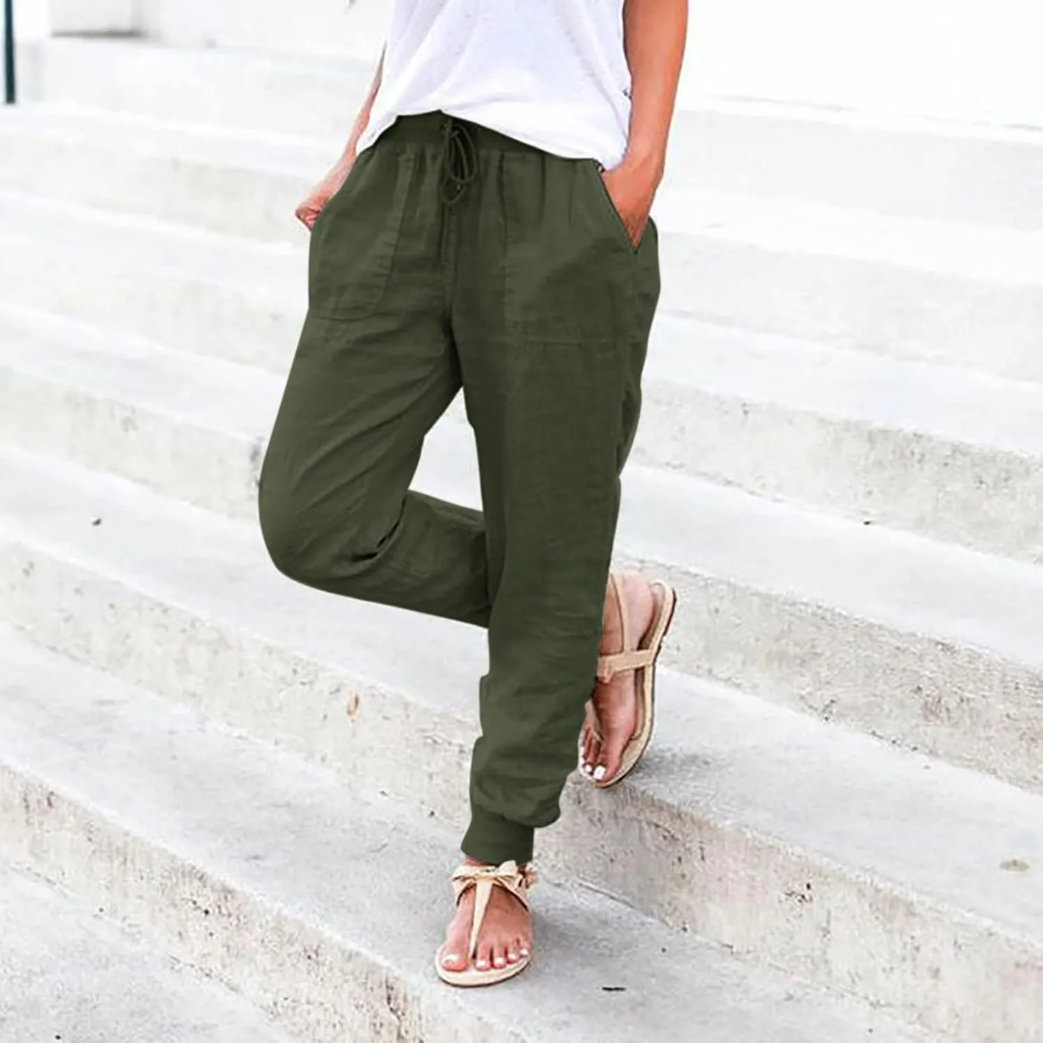 Women's High Waisted Tapered Pants Loose Fit Lightweight Fashion Cotton Linen Pants Summer Comfort Vacation Trousers