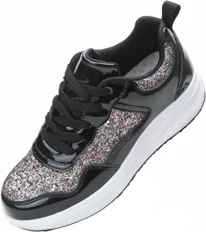 Women's Lace Up Inner Heightening Wedge Walking Shoe Sequins Fashion Sneakers Lightweight Non Slip Workout Shoes