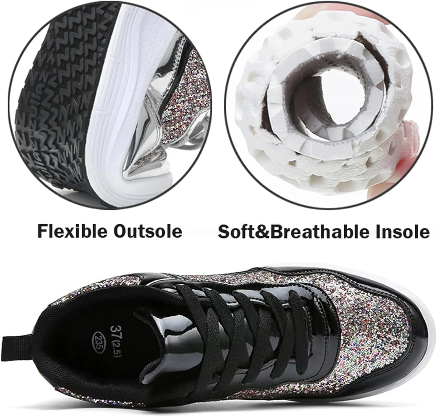 Women's Lace Up Inner Heightening Wedge Walking Shoe Sequins Fashion Sneakers Lightweight Non Slip Workout Shoes