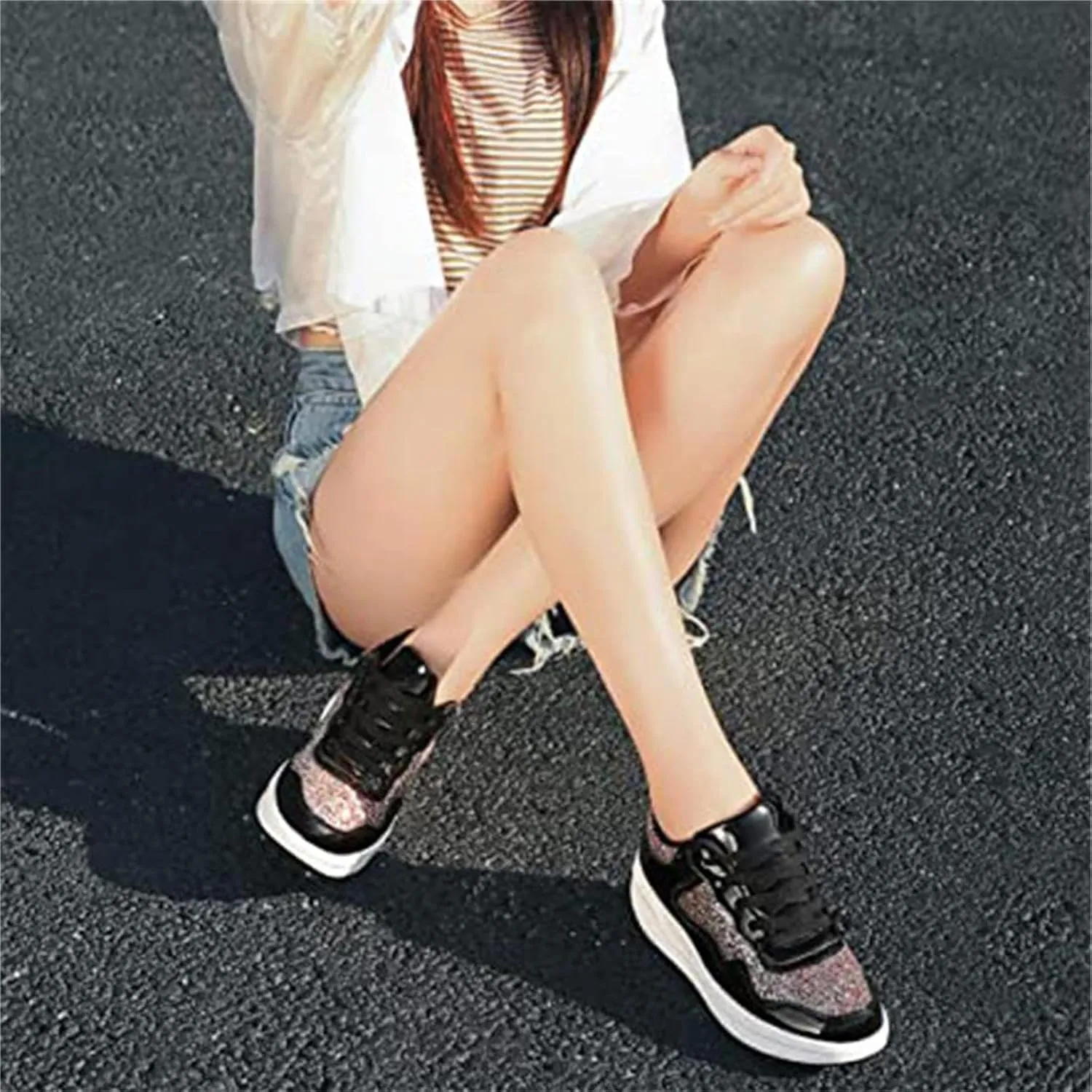 Women's Lace Up Inner Heightening Wedge Walking Shoe Sequins Fashion Sneakers Lightweight Non Slip Workout Shoes