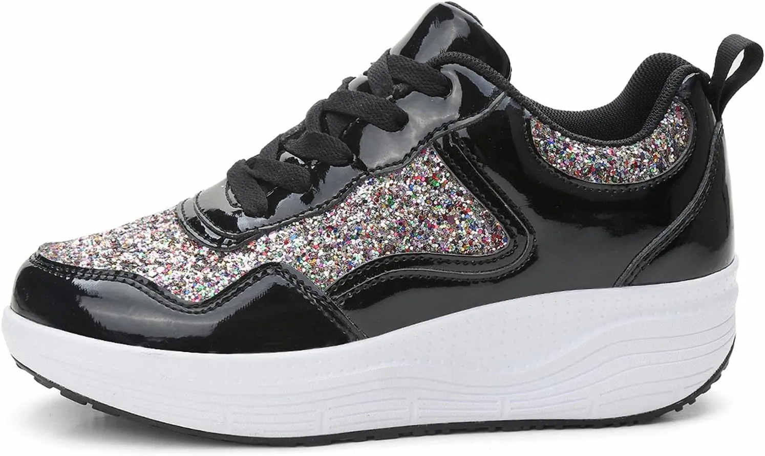 Women's Lace Up Inner Heightening Wedge Walking Shoe Sequins Fashion Sneakers Lightweight Non Slip Workout Shoes