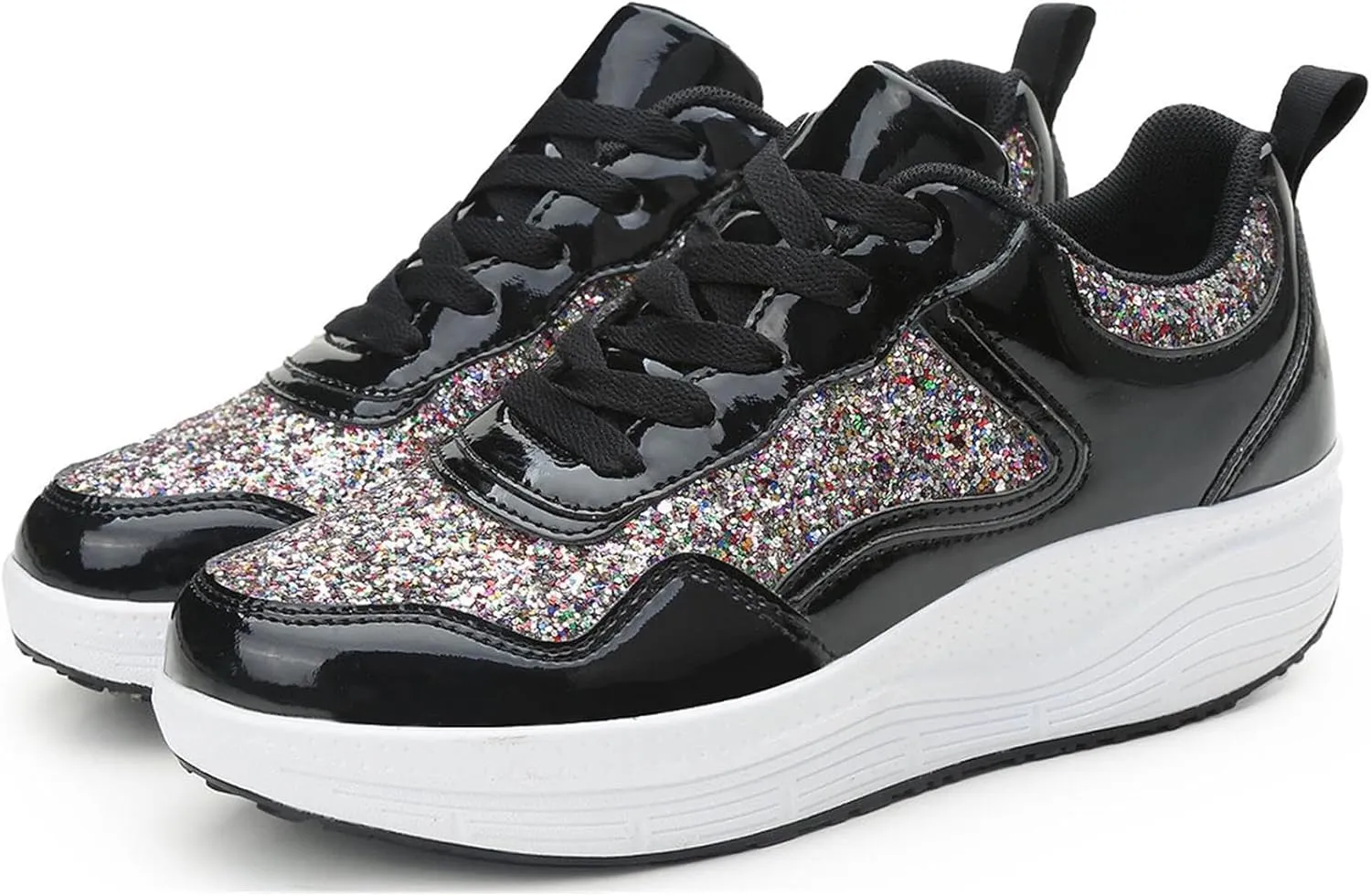 Women's Lace Up Inner Heightening Wedge Walking Shoe Sequins Fashion Sneakers Lightweight Non Slip Workout Shoes