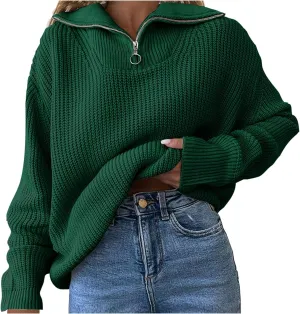 Women's Lapel Neck Knitted Pullover Tops Half Zipper Sweater Jumpers Drop Shoulder Oversized Teen Girls Sweatshirt