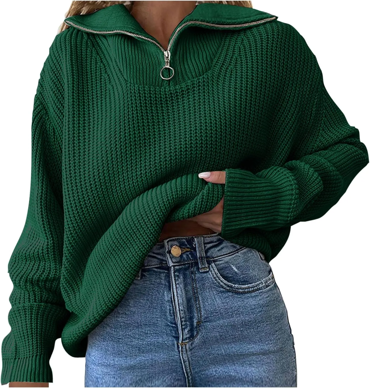 Women's Lapel Neck Knitted Pullover Tops Half Zipper Sweater Jumpers Drop Shoulder Oversized Teen Girls Sweatshirt