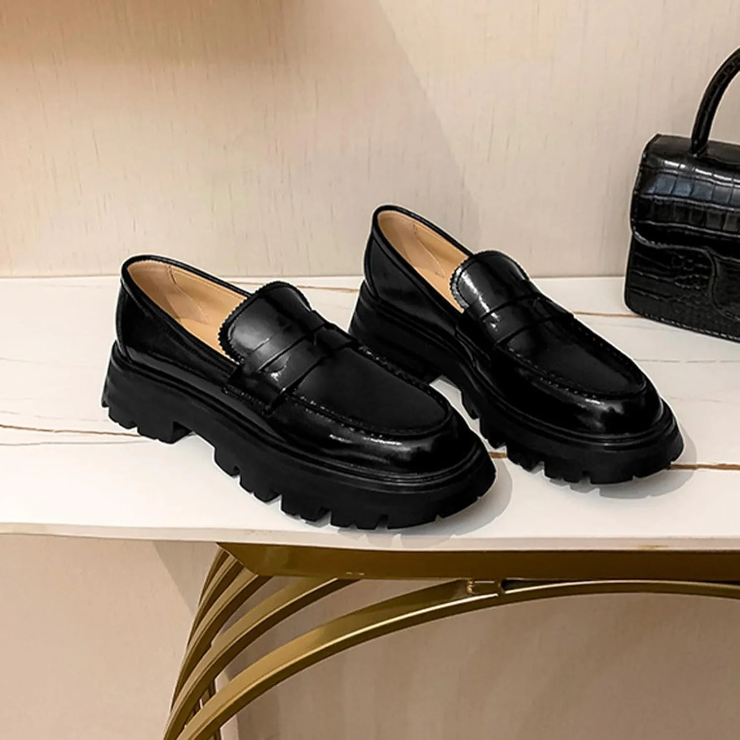 Women's Leather Chunky Platform Penny Loafers Comfortable Round Toe Slip On Lug Sole Business Work Dress Shoes