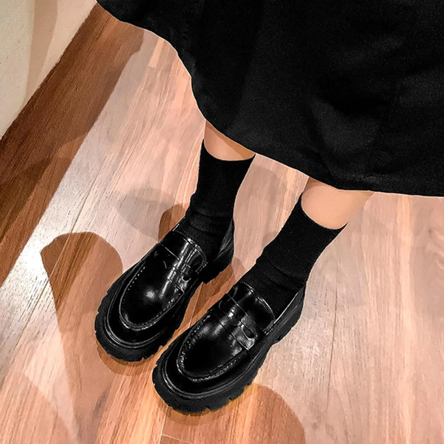 Women's Leather Chunky Platform Penny Loafers Comfortable Round Toe Slip On Lug Sole Business Work Dress Shoes