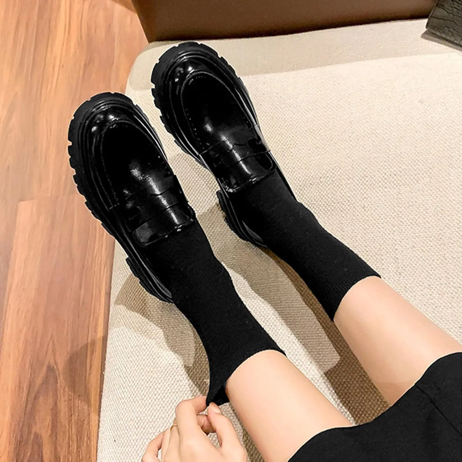Women's Leather Chunky Platform Penny Loafers Comfortable Round Toe Slip On Lug Sole Business Work Dress Shoes
