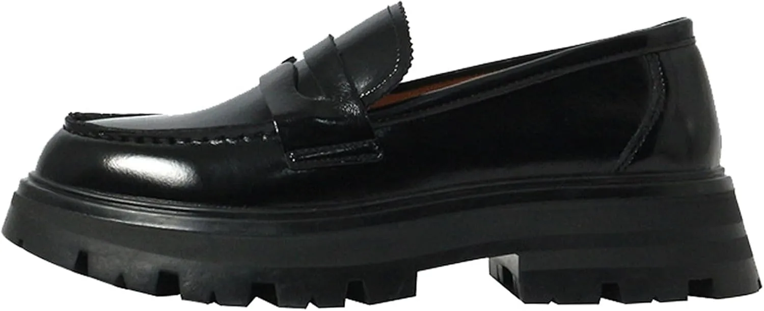 Women's Leather Chunky Platform Penny Loafers Comfortable Round Toe Slip On Lug Sole Business Work Dress Shoes