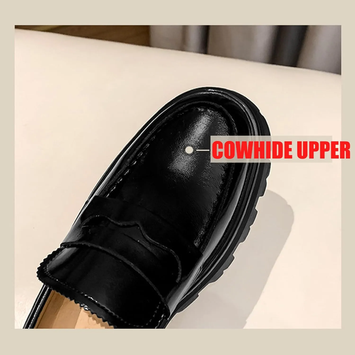 Women's Leather Chunky Platform Penny Loafers Comfortable Round Toe Slip On Lug Sole Business Work Dress Shoes