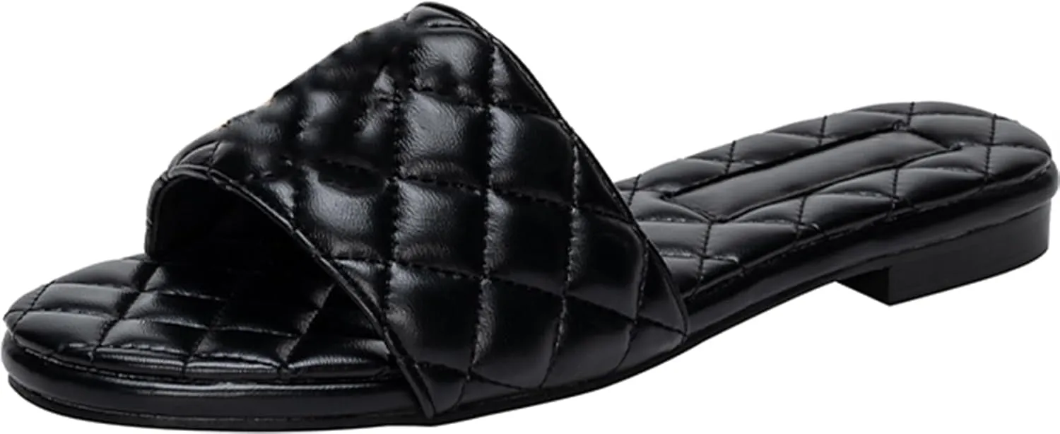 Women's Leather Flat Sandals Casual Slip On Slide Sandals