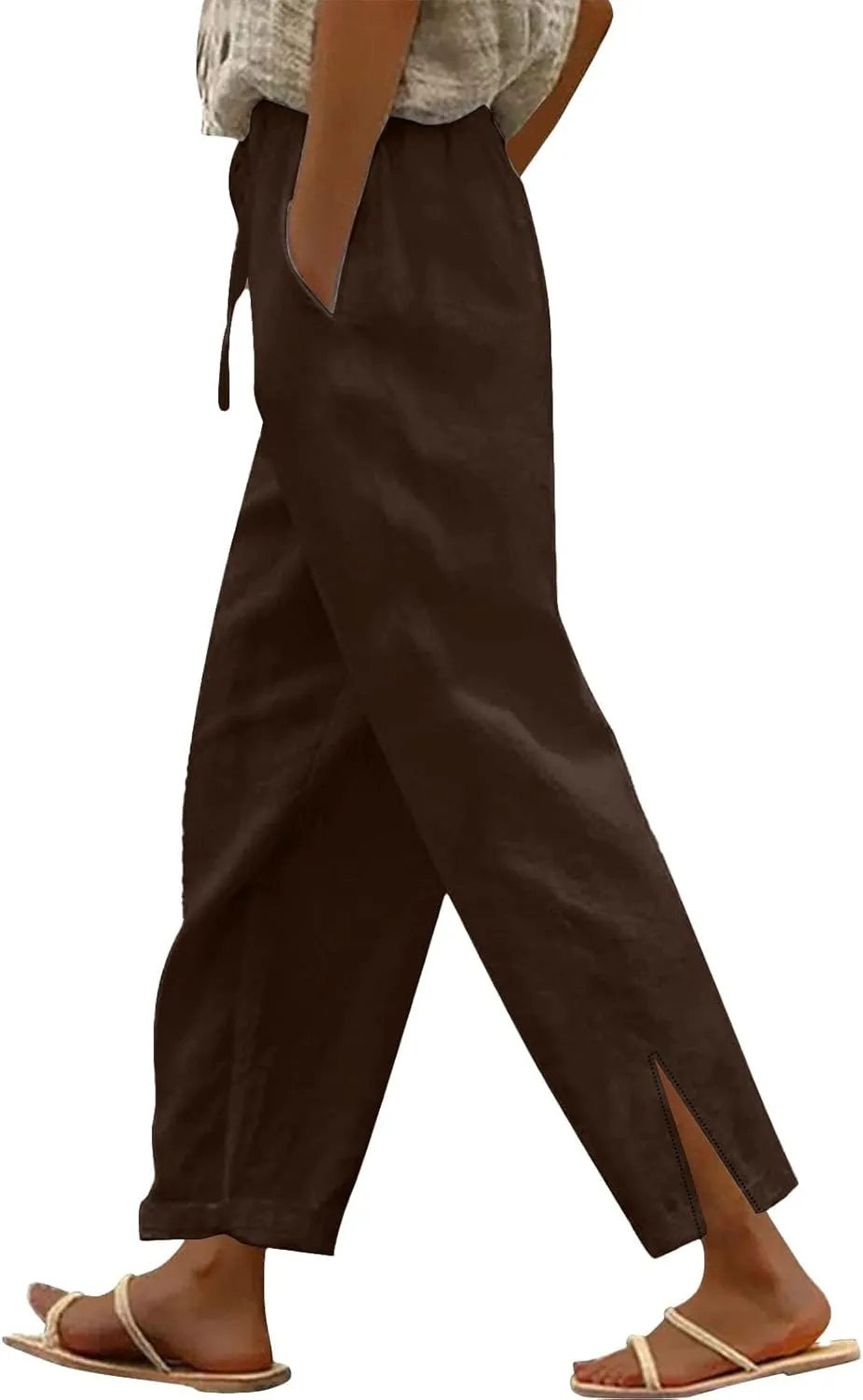 Women's Linen Pants High Waist Drawstring Wide Leg Cropped Pants Casual Loose Lightweight Beach Trousers with Pockets