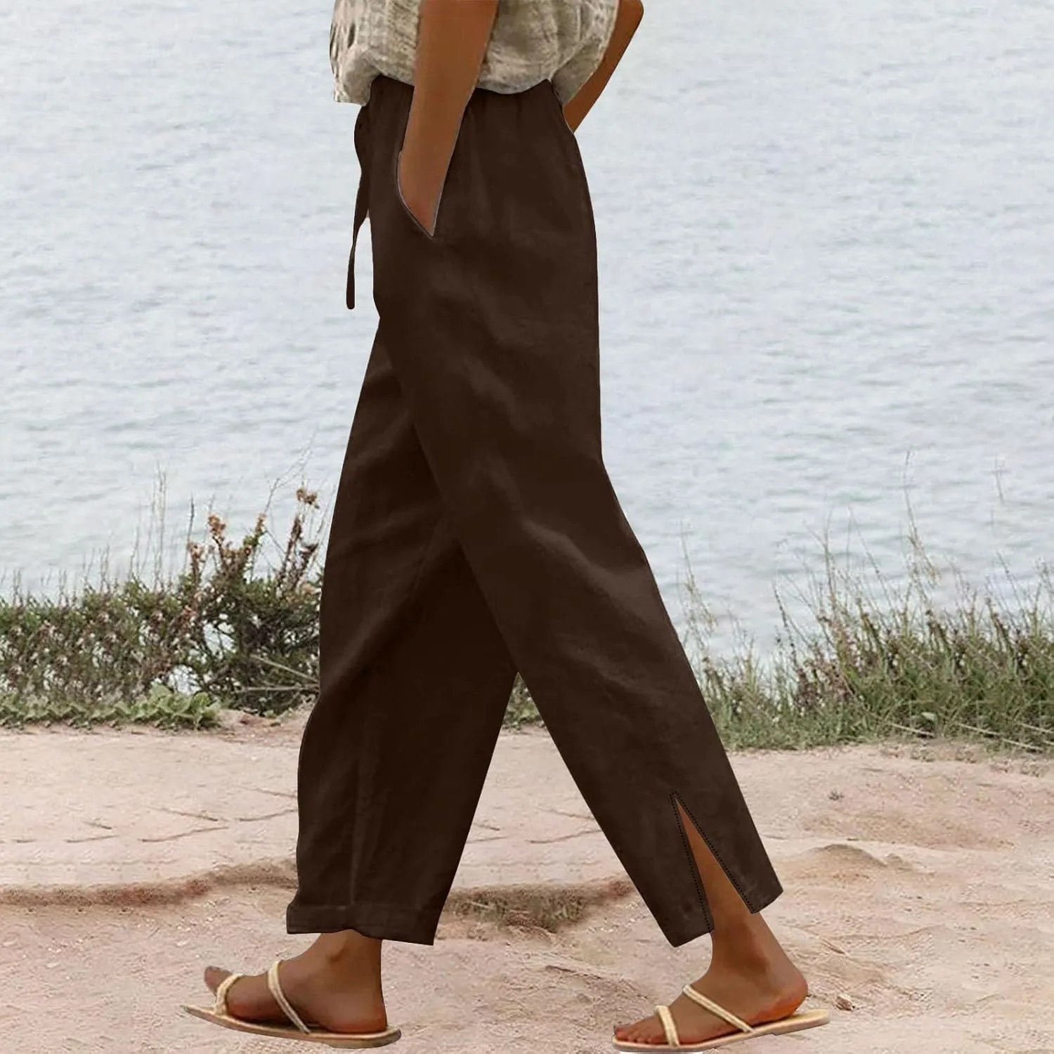 Women's Linen Pants High Waist Drawstring Wide Leg Cropped Pants Casual Loose Lightweight Beach Trousers with Pockets