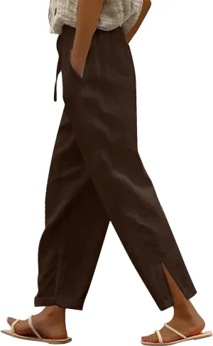Women's Linen Pants High Waist Drawstring Wide Leg Cropped Pants Casual Loose Lightweight Beach Trousers with Pockets